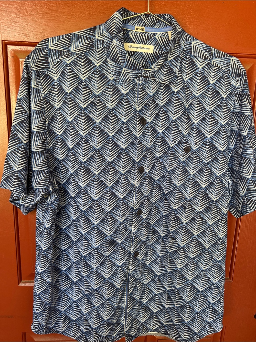 Tommy Bahama Navy and White Chevron-Style Short Sleeve Shirt